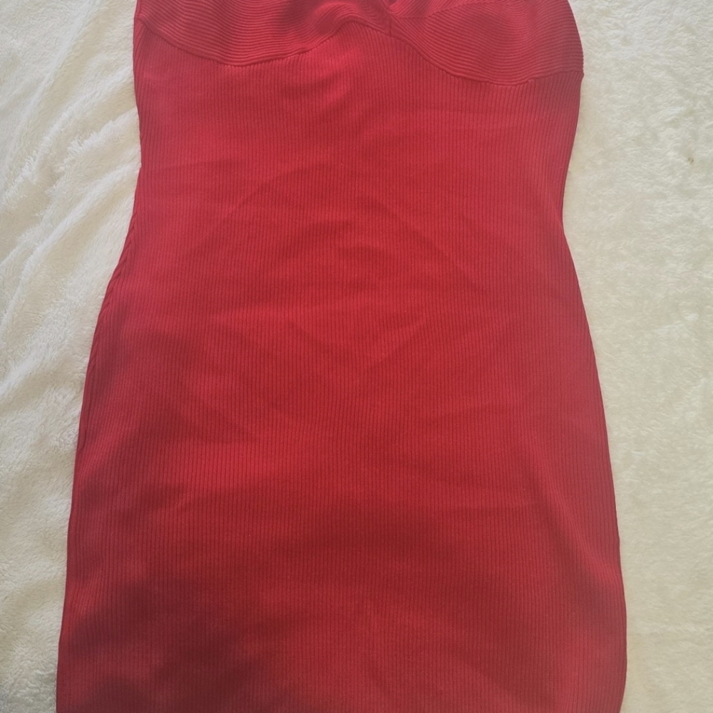 Almost Famous Strapless Scarlet Ribbed Bodycon Dress